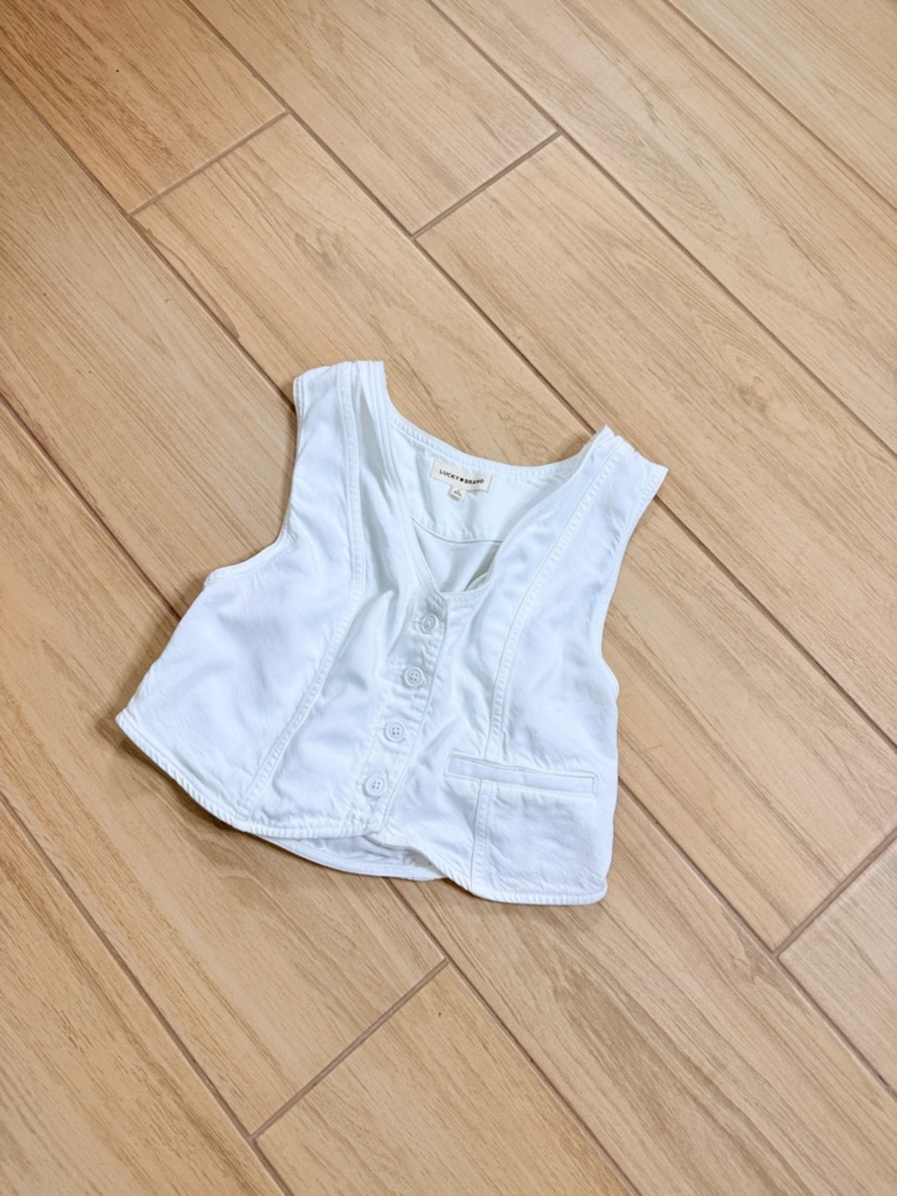 Lucky Brand White Denim Cropped Vest Size L Button Front Utility MinimalistBoho